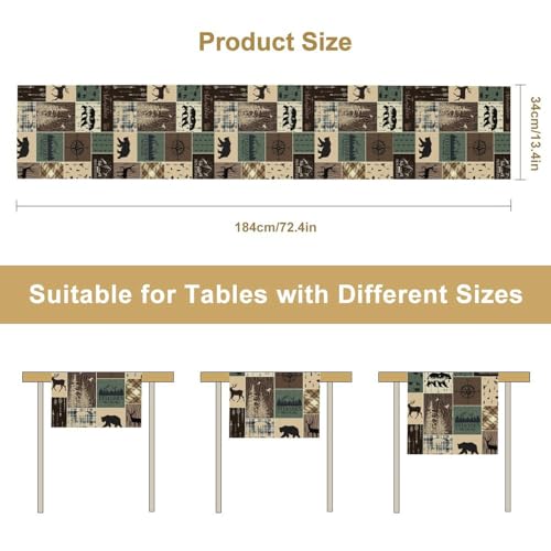Image of Country Rustic Farmhouse Deer Table Runner Tabletop Cover Vintage Cabin Bear Mountain Hunting Wild Animal Plaid Checkered Printed for Kitchen Dining Room 13x72 Inch