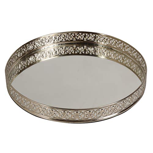 Image of Craft Brio -A TRENDY HANDICRAFTS Round Decorative Mirror Tray 10 inches Dia Gold Plated Round Decorative Glass Mirror for Weeding and Pooja Diwali Gifting (10 X 10 X 2 Inches) (Silver)
