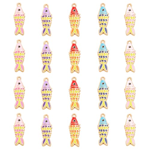 Yooqferno 30Pcs Fish Charms Colorful Enamel Fish Charms 5 Color Ocean Animal Charm Pendant Blue Pink Red Purple for Jewelry Making Necklace Bracelet Keychain Dangle Earring DIY Craft Bag Purse Pendant 238mm