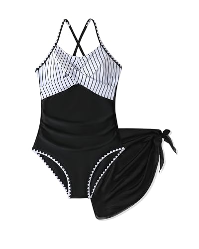 Image of Girls Swimsuit One-Piece Bathing Suit with Cover Up Skirt 7-16Y
