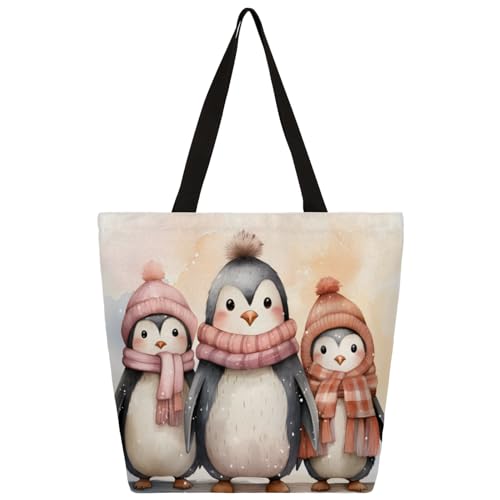 Mularoka Watercolour Penguins Large Capacity Canvas Tote Bag Stylish Handheld Shoulder Bag Reusable Shopping Bag for Work Travel Beach Trips Shopping