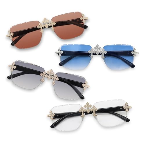 Image of Iced-Out Triple Cross Sunglasses - Frameless Diamond-Cut Luxury Shades for Men & Women | UV400 Hip-Hop Eyewear