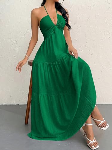 Image of Narecte Women's Maxi Summer Dresses Halter V Neck Beach Dresses for Women A-Line Casual Dress for Vacation