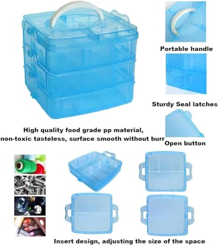 Image of RECLUSE BLUE Craft Storage Box with 3 Tiers - Storage Box with 30 Adjustable Dividers Compartments Stackable Plastic Container for Arts & Sewing Accessories, Wire, Beads, Jewellery, Toys