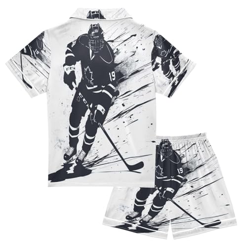 ALAZA Ice Hockey Player Artwork Satin Pajamas Set Short Sleeve Button Down Sleepwear Summer Pjs 2 Piece2