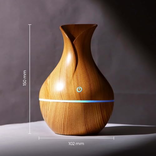 Image of Aroma Diffuser Humidifier with LED Light Ring, Wood Grain Design, USB Powered Mist Diffuser for Essential Oil and Water (Light Brown Vase)