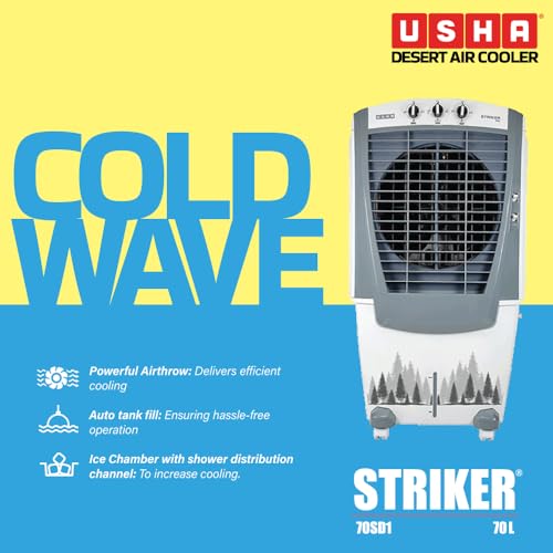 USHA Striker 70SD1 Desert Air Cooler for Home with Powerful Airflow, 3-Side Honeycomb Pads, 11m Air Throw & Inverter Compatibility (70L, White) view 2
