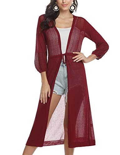 Aibrou Long Sleeve Cardigan Sweater Casual Open Front Draped Kimono Coat Loose Knit Cover Up Tops Wine Red