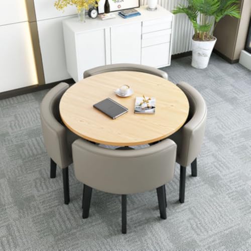 Image of Round Faux Marble Reception Table and Chairs Set, Dining Table Set for 4, Space Saving Reception Desk for Home and Apartment, Office, Conference Room, Lounge