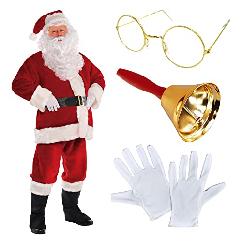 Deluxe Regal Plush Men's Santa Claus Father Christmas Suit Fancy Dress Costume Includes Santa's Half Moon Spectacle Glasses White Professional Gloves & Ringing Bell by Fancy Dress VIP Cover