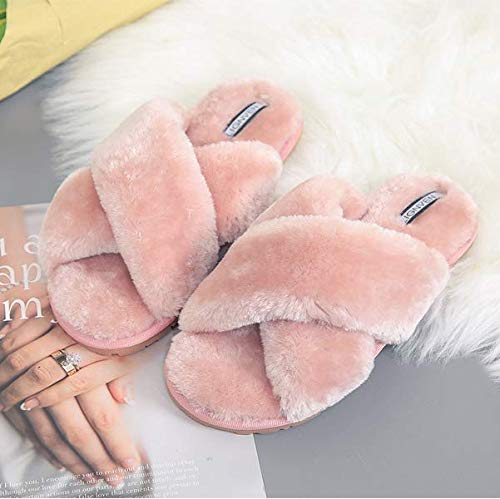 Cicilin Pantufas femininas com faixa cruzada de pelúcia macia para casa ou exterior em casa (rosa 38