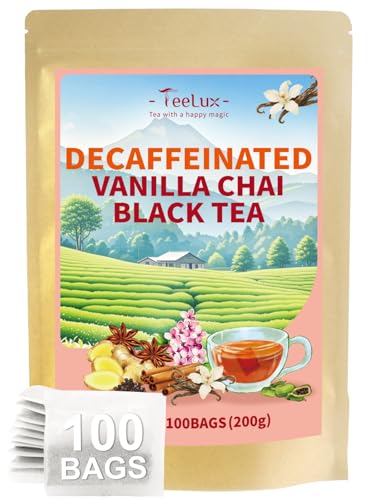 Image of TeeLux Vanilla Decaf Chai Tea Bags, Decaffeinated Black Tea with Cinnamon, Ginger, Cardamom, Natural Vanilla Flavor, Full-bodied & Spicy Flavor, 100 Count
