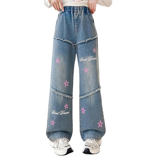 Jeans for Girls Baggy Wide Leg Flower Embroidered Elastic Waisted Denim Pants Y2K Skater Streetwear 3-14 Years