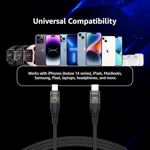 Image of amazon basics Type-C to Lightning iPhone Cable | 30W Fast Charging, 480Mbps Data Sync, Car AirPlay, LED Indicator | Compatible with iPhone 14 /13 /12 /11 /10 /8 /7 /6 /6, iPad, AirPods | 1.2m | Black