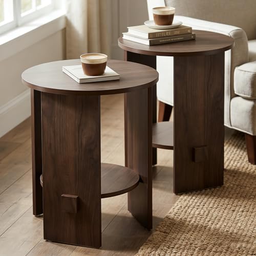Round End Table with 2-Tier Storage Set of 2, 15.5” Small Side Table for Living Room, Modern Nightstand with Open Shelf, Compact Accent Table for Bedroom, Sofa Side, Small Spaces (Walnut)