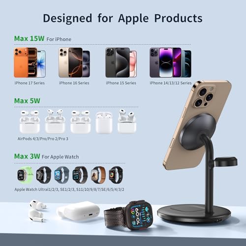 Image of XooFly 3 in 1 Wireless Charging Station for Apple Devices, Fast Wireless Mag-Safe Charger Stand with 20W Adapter for iPhone 17 /16 15 14 13 12 Pro Max /Pro /Plus /Air /Mini, iWatch, AirPods (Black)