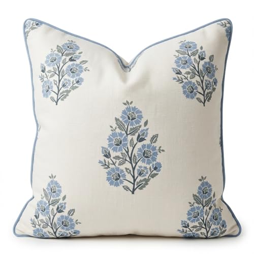 Jillien Harbor The Camille Floral Block Print Pillow Cover Soft Blue and White Decorative Throw Pillow Cover Grandmillennial Home Decor 20 x 20