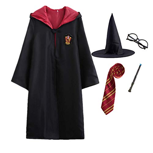 O.AMBW-Disfraz de Capa para Adultos y niños de Harry Potter, Juego de Disfraces / Varita mágica / Corbata / Bufanda / Gafas / Sombrero / Falda / Camisa / Carnaval Disfraz de Halloween S-2XL 115-155cm