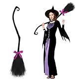 50.3''H Witch Broom with 3 Colorful Ribbon, Halloween Witch Broom, Plastic Witches Broomstick for Halloween Party (1)