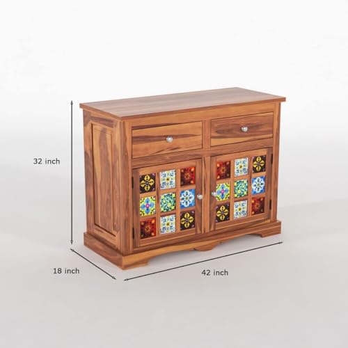 Image of Sheesham Wood Sideboard and Cabinets | Wooden Side Board Small Cabinet with Multicolor Tiles for Living Room | Free Standing Cabinet with 2 Drawers & 2 Door Storage | Natural Finish
