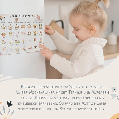 Wochenplaner Kinder mit Klettpunkten, Montessori Tagesplan mit 350 Routinekarten – visueller Routineplaner für Kinder, Familienplaner für mehr Struktur im Alltag (Einhorn)