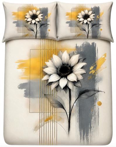 Image of 7D Digital Printed King Size Bedsheet | 240TC Premium Cotton Feel Microfiber with 2 Pillow Covers | Soft Breathable & Wrinkle Free Bedding Set | (Cream&Yellow, King Size-225x250CM)