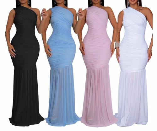 Yuopeid Women's Sexy One Shoulder Long Dress Bodycon Ruched Solid Color Prom Evening Party Cocktail Maxi Dress4