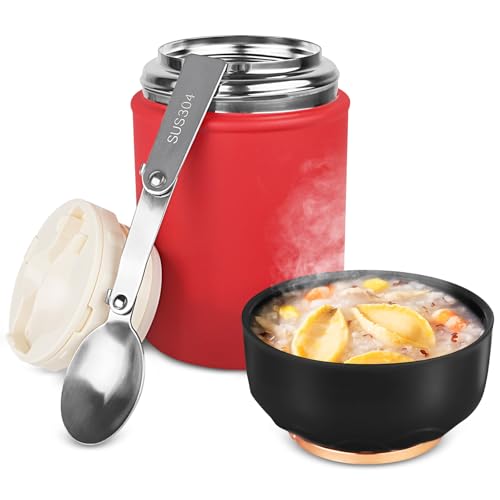 ICEBLUEOR 500ml Food Flask for Hot Food, Portable Soup Flask with Handles, Stainless Steel Vacuum Food Jar with Folding Spoon, Leakproof Hot Food Containers for Kids School Office Picnic(Red)
