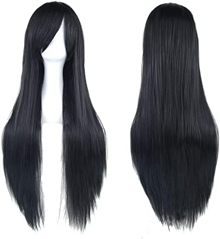 IMISSU 80cm Long Straight Natural Hair Cosplay Wigs with Bangs Colorful Halloween Costume Party Wig for Girl (Black)