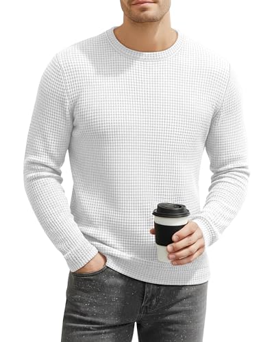 Locoowai Men's Waffle Long Sleeve Shirts Crew Neck Thermal Tops Casual Pullover Basic Knit Sweaters Lightweight Undershirt(White,Large)