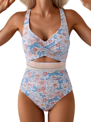 Image of B2prity Women's One Piece Swimsuit Tummy Control High Waisted Bathing Suit | Color Block,Removable Soft Cups,Cutout,V neck,Full Coverage,Adjustable Criss Cross Straps,Tie Back
