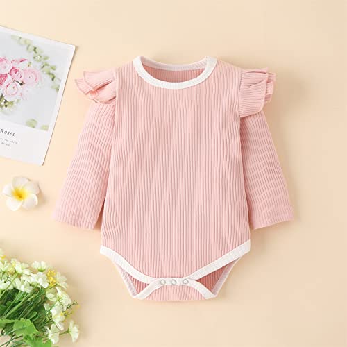 Macacão de manga comprida com nervuras para bebês recém-nascidos para meninas, calça longa, faixa de