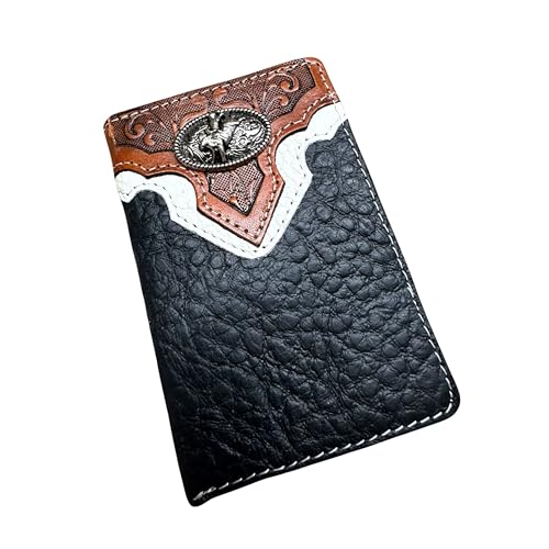 Men’s Leather Tri-Fold Wallet – Bull Rider Concho with Floral Inlay – Rodeo Cowboy Western Wallet for Ranchers, Rodeo Fans & Gift Ideas