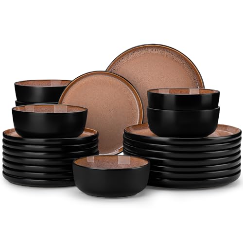 vancasso Plates and Bowls Sets, 24 Pieces Stoneware Dinnerware Sets for 8, Kitchen Dish Set Mircowave and Dishwasher Safe Dinner Set Ceramic Dishware, Brown, Series AMBER
