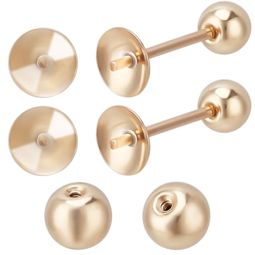 Beebeecraft 2Pcs Pearl Cup Earring Post 14K Gold Filled 925 Sterling Silver Stud Earring Findings for Half Drilled Beads with 2Pcs Screw Ball Backs for Jewelry Making