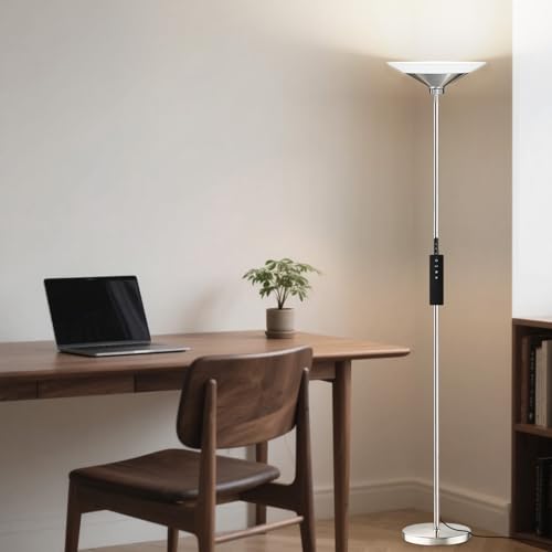 Image of SIBRILLE Metallic Silver Torchiere Floor Lamp - 30W Dimmable LED Standing Lamp with Remote /Button Control, 1800Lm, 3000-6500K, 72in Tall Bright Pole Light for Living Room Bedroom Office Corner
