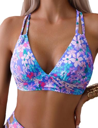 Tainehs Women's Push Up V Neck Bikini Tops Criss Cross Back Padded Bathing Suit Top Only