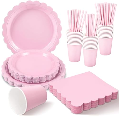 Goujfol Lot De 125 Vaisselle Set, Assiettes et Gobelet Set pour 25 Invités, Party Assiettes Papier Tasses et Pailles pour Fêtes Anniversaire et Festivals (Rose)