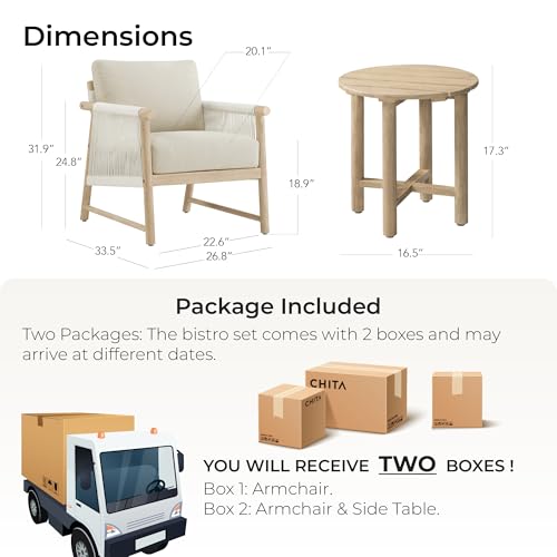 CHITA Boho Rattan Chairs Set for Sunroom, Outdoor/Indoor, Modern Wicker Armchair with Thickened Cushions & Acacia Wood Frame (Cream)