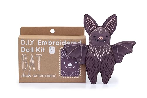Image of Kiriki Press DIY Embroidery Doll Kit - Skill Level 1 - Beginner to Advanced Embroidery Kits for Adults Teens (3 Skill Levels) Animal Embroidery Kit - Screen Printed Pattern (Bat - Level 1)
