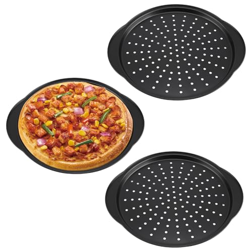 CHUENHEI 3 Stück 32 cm Pizzablech Rund, Karbonstahl Pizzablech Perforiert, Schwarz Pizza Backblech Rund Antihaftbeschichtet, Perforierte Pizza Backform für Ofen, Küche