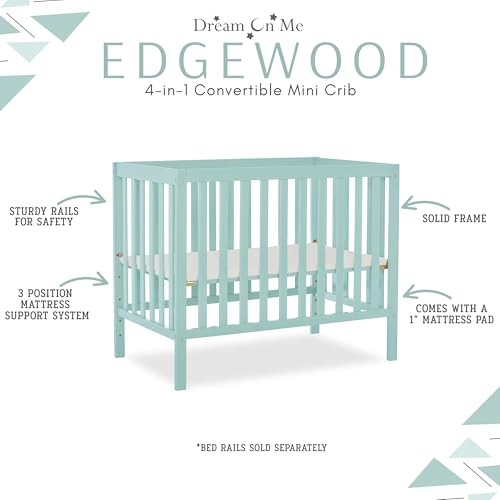 Image of Dream On Me Edgewood 4-In-1 Convertible Mini Crib In Mint, JPMA Certified, Non-Toxic Finish, New Zealand Pinewood, With 3 Mattress Height Settings, Included 1 inch Mattress Pad