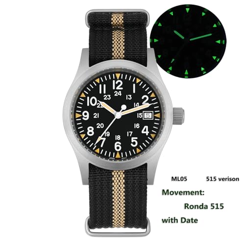 Image of Militado ML05 38mm VH31 Quartz Watch - Domed Sapphire Crystal Field Watch C3 Super Luminous Retro Sweep Wrist Watch for Men 100M Waterproof