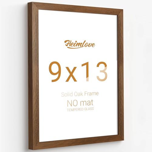 Heimlove 9x13 Picture Frames Solid Oak Wood 13 x 9 Photos Frame with Tempered Glass Wall Gallery Poster Frame with No Mat Horizontal and Vertical for Wall Mounting Home Office Decoration Walnut Color