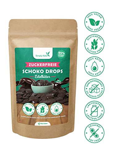 Simply Keto Lower Carb* Schokodrops Zuckerfrei (200g) - Edelbitter Schoko Drops zum Naschen oder Backen - Vegan & gesüßt mit Erythrit statt Zucker - Ideal für Low-Carb & Ketogene Ernährung