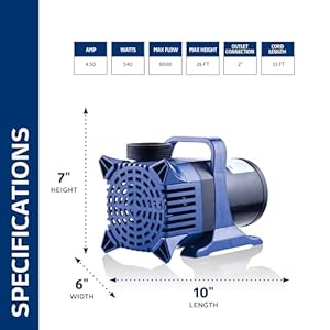 Alpine Corporation 8000 GPH Submersible Water Pump with 33 FT Cord and Adapters for Ponds Fountains Waterfalls and Water Circulation 540 Watts 26 FT Lift Quiet Operation VerticalHorizontal