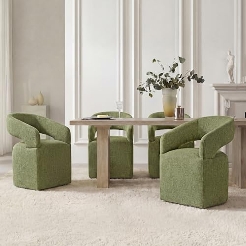 Image of KISLOT Upholstered Dining Chairs Set of 4, Modern Arm Kitchen & Dining Room Chairs with Hidden Casters, Linen Fabric Padded Rolling Chairs, Sturdy Wood Frame, 300 lbs Capacity, Moss Green