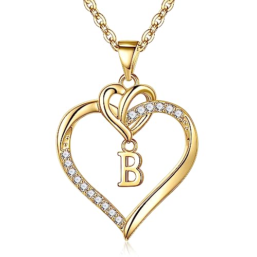 STORUP Heart Initial Necklaces for Women 14K-Gold-Plated Heart Initial B Pendant Necklace Dainty Heart Necklaces Heart Necklaces for Women Jewelry for Women Gifts