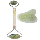 Premium White Steel Welded Jade Roller for Face and Gua Sha Scraping Massage Tool Set Therapy, 100% Natural Jade Facial Roller w/Double Neck Slimming Massager, Lymphatic Drainage Tool