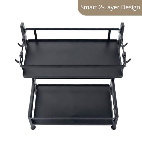 Image of IBELL DR6373 2-Tier Multipurpose Metal Storage Rack for Kitchen & Office | Countertop Organizer with Hooks | Spice Rack, Desk Shelf, Bathroom & Pantry Organizer (Black)